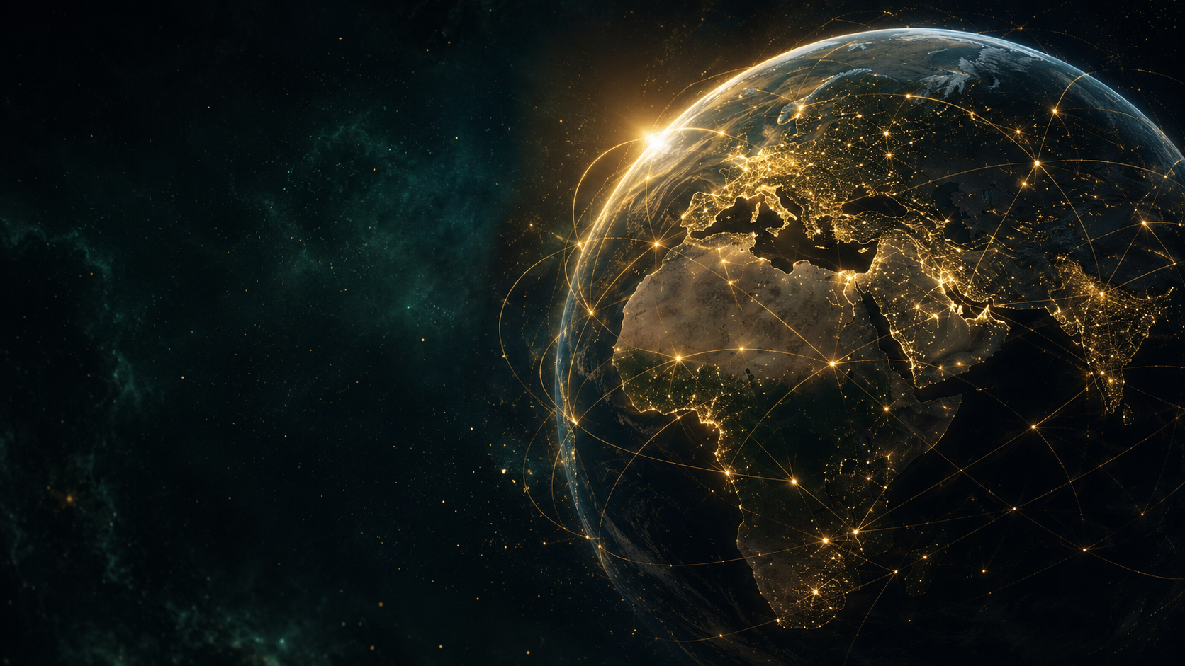 A globe at night with a network of gold connections across continents
