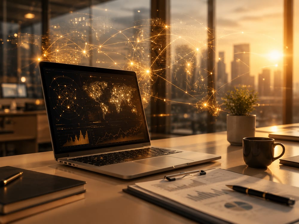 A laptop showing global trade data and analytics