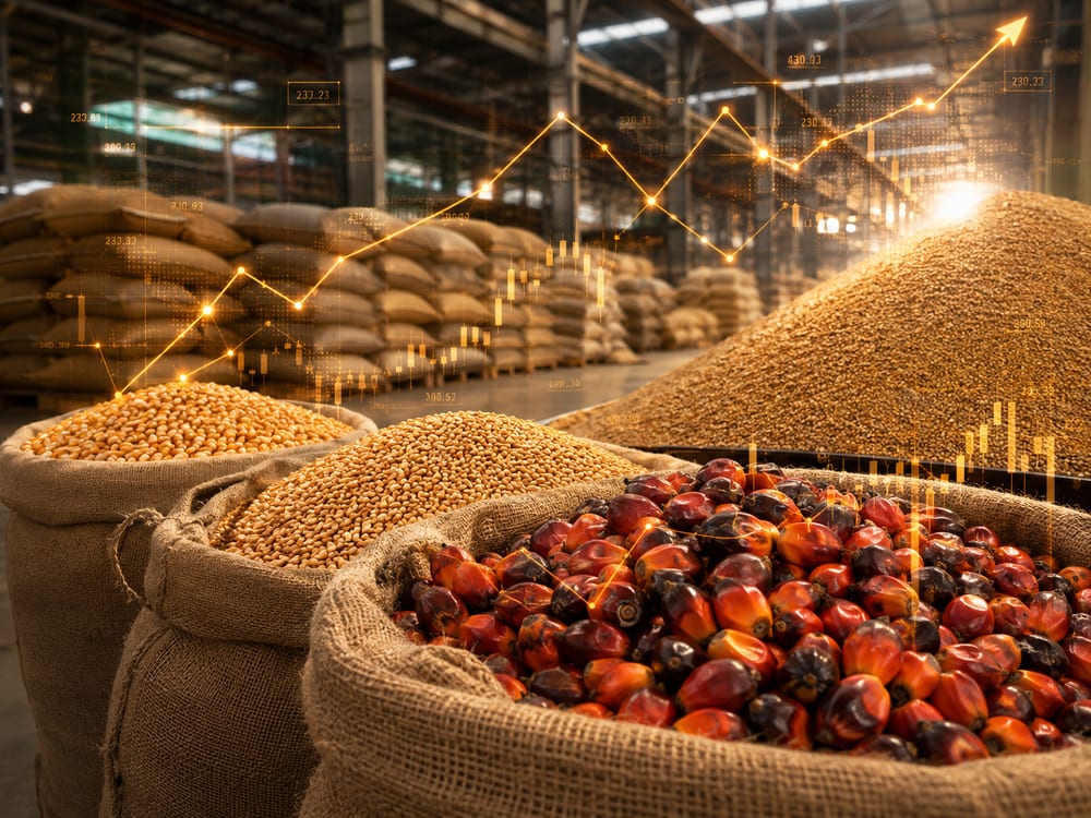 Sacks of commodities with a rising price chart overlay