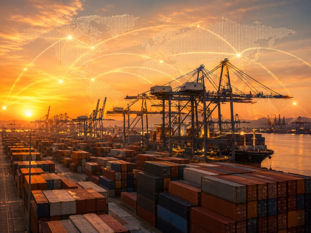 Container port at sunset with global shipping routes